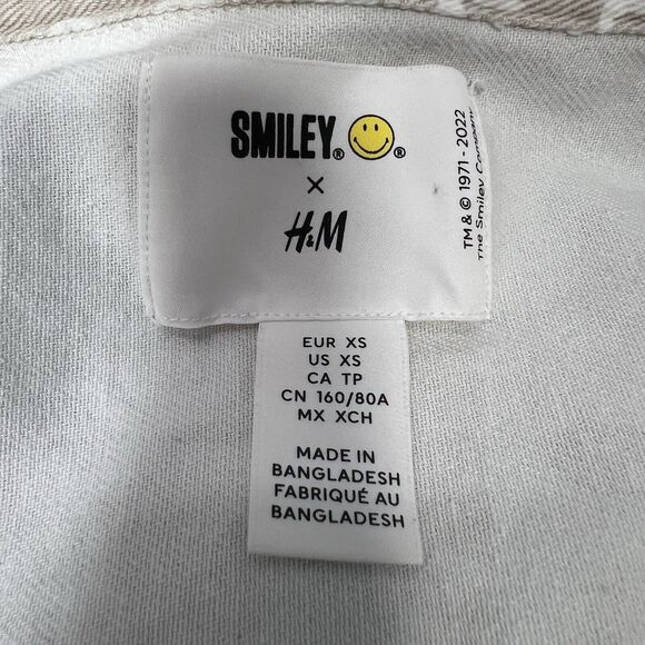 Smiley X H&M Womens XS Oversized Denim Shacket Shirt Beige White Button Up Smile - Picture 11 of 14
